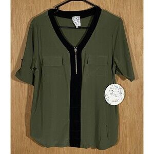 Naif Women's M Olive Green Top Black Gold Military Career Business Casual Flowy
